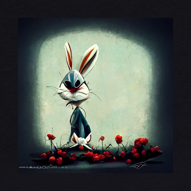 Cartoon sketched bunny rabbit looking less than pleased as he stands in the garden. by Liana Campbell